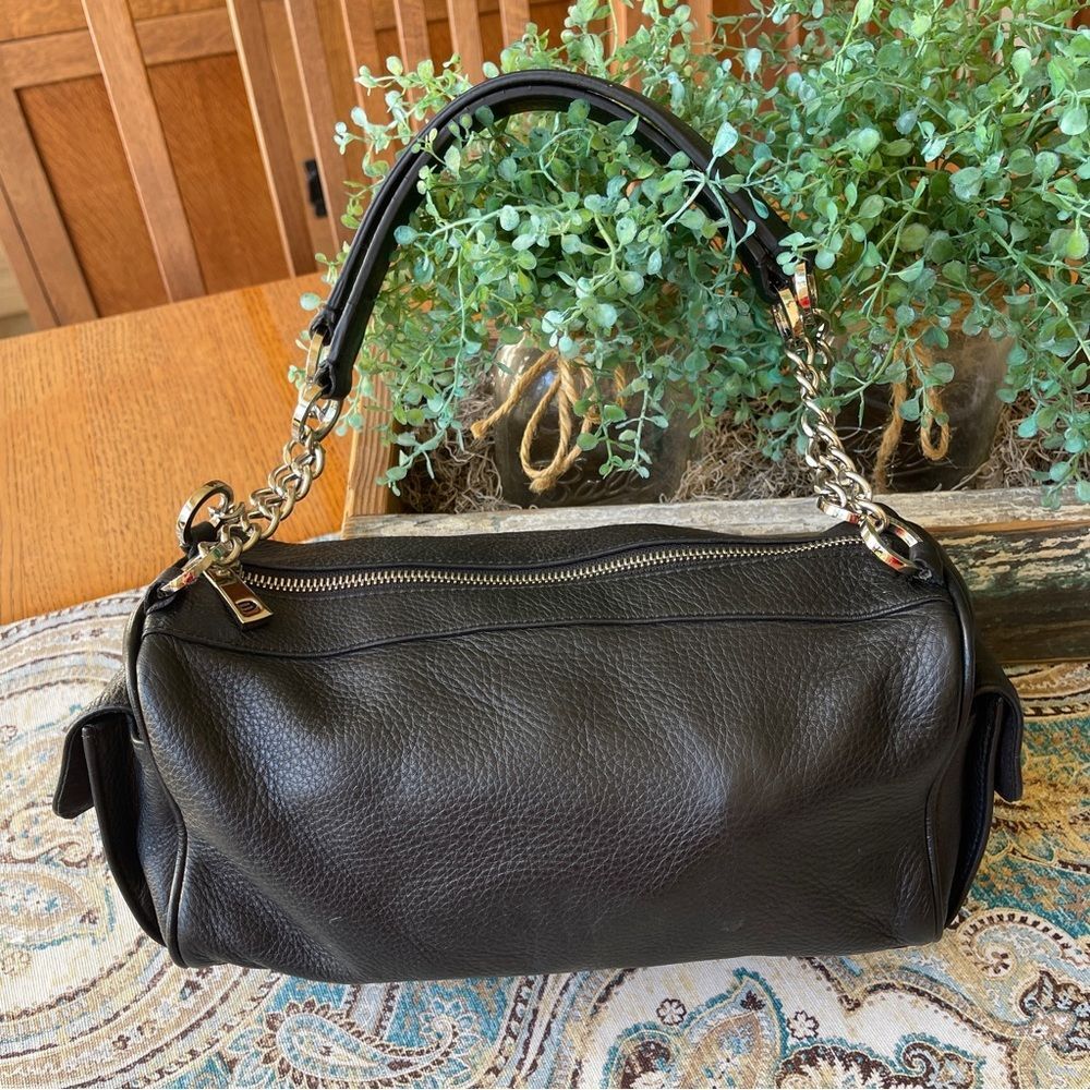 Express black pebbled vegan satchel with chain handle detail